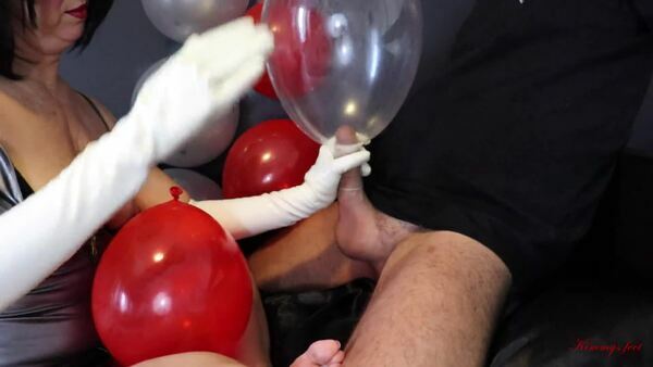 Condom Balloon Handjob with Long Latex Gloves, Cum in and on