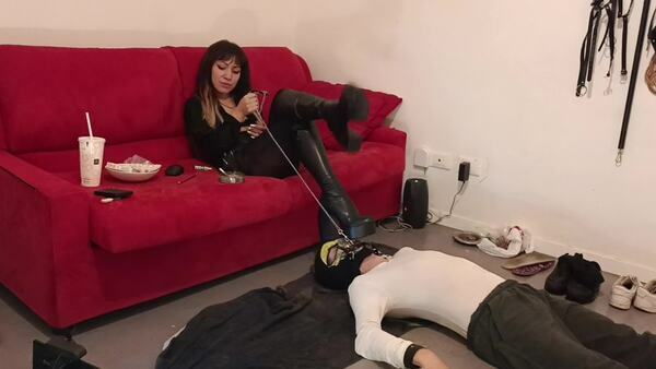 Goddess Sandra Domina — Ignored footstool with new boots and dangling while smoking SECOND POV